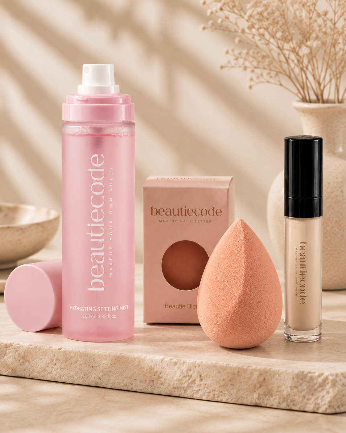 beautiecode hydrating setting mist, beautie blender and concealer bundle