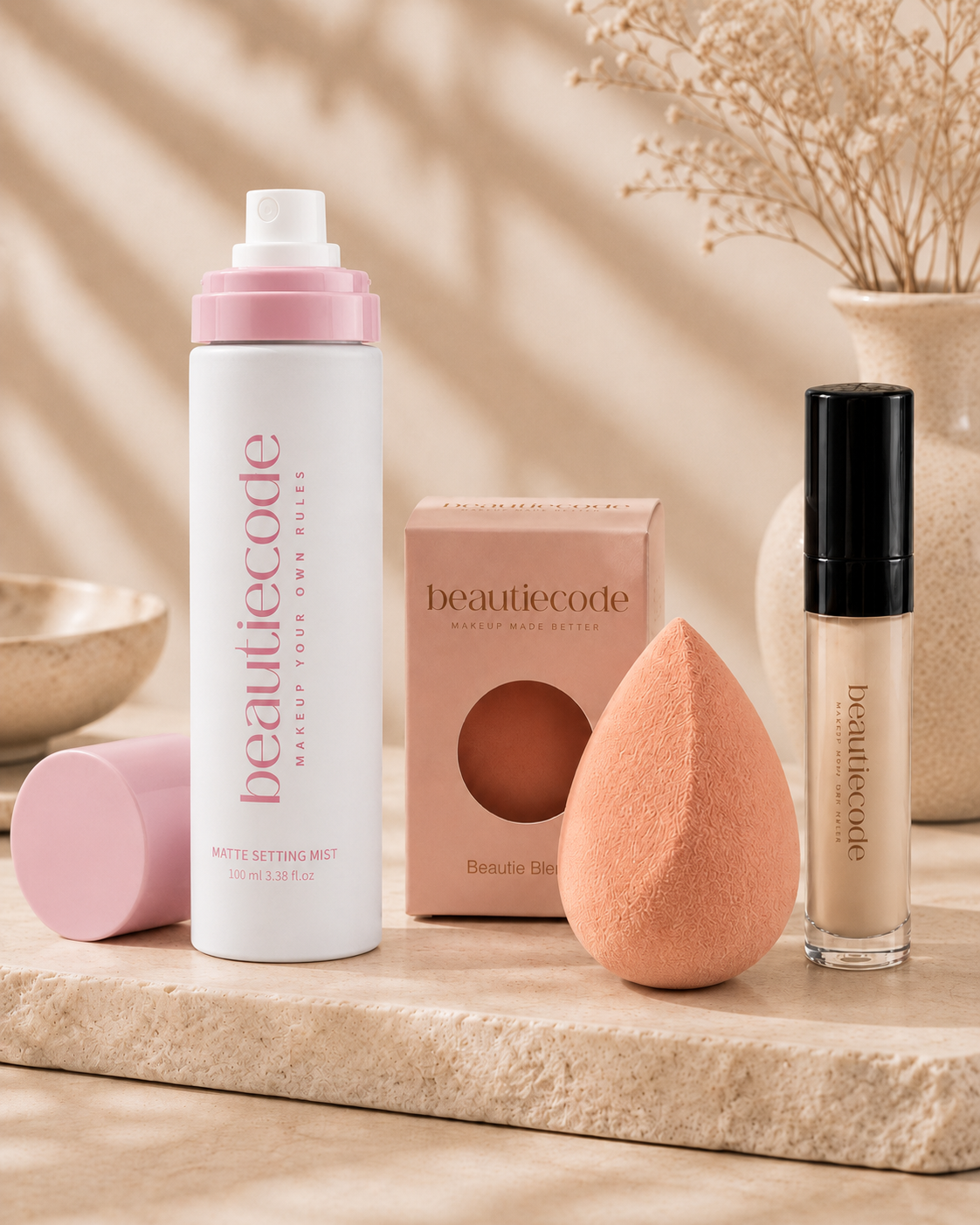 beautiecode matte setting mist, beautie blender and concealer bundle