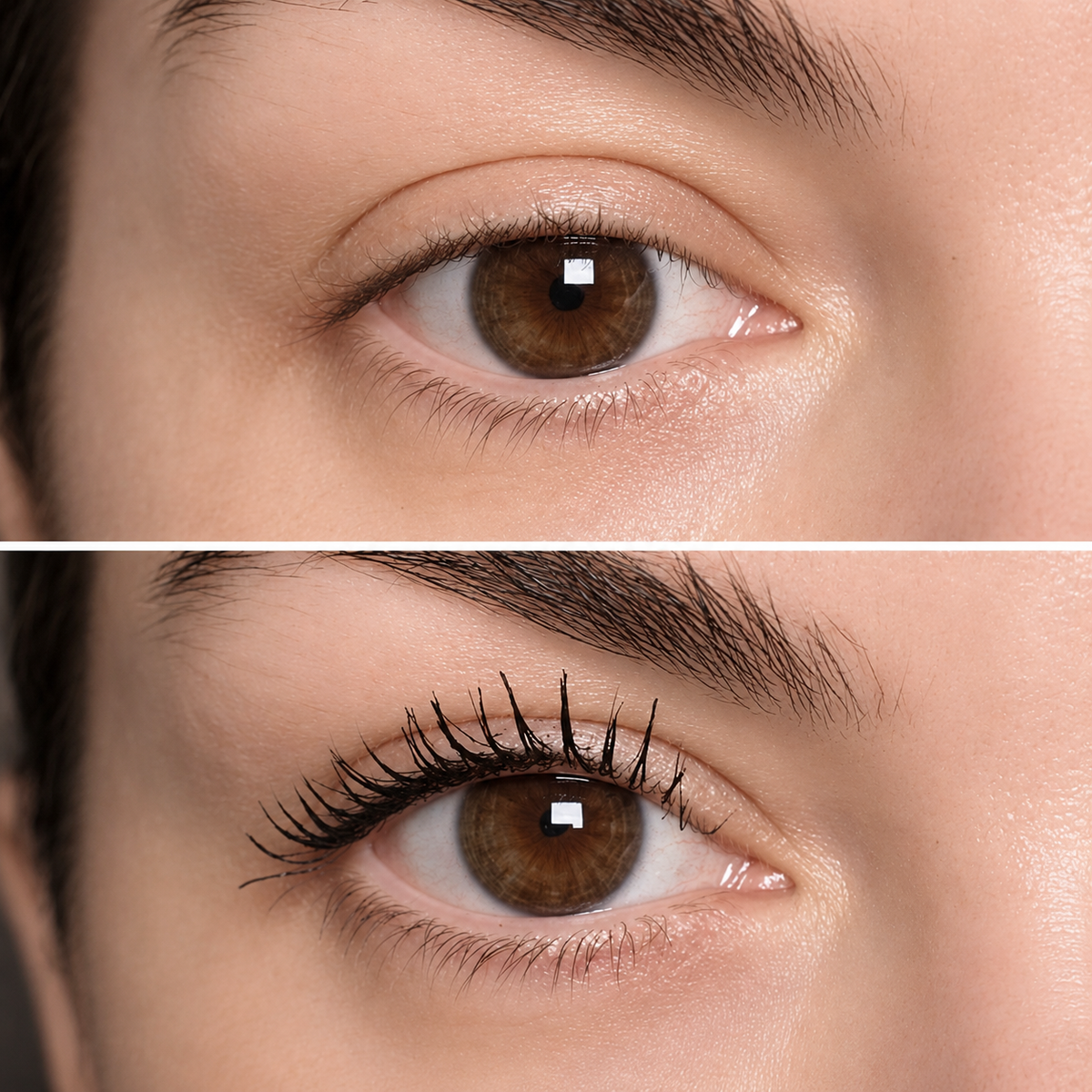 A close-up before-and-after comparison of a woman's eye, showing sparse eyelashes in the top panel and fuller, longer, and more defined eyelashes in the bottom panel. waterproof tubing mascara