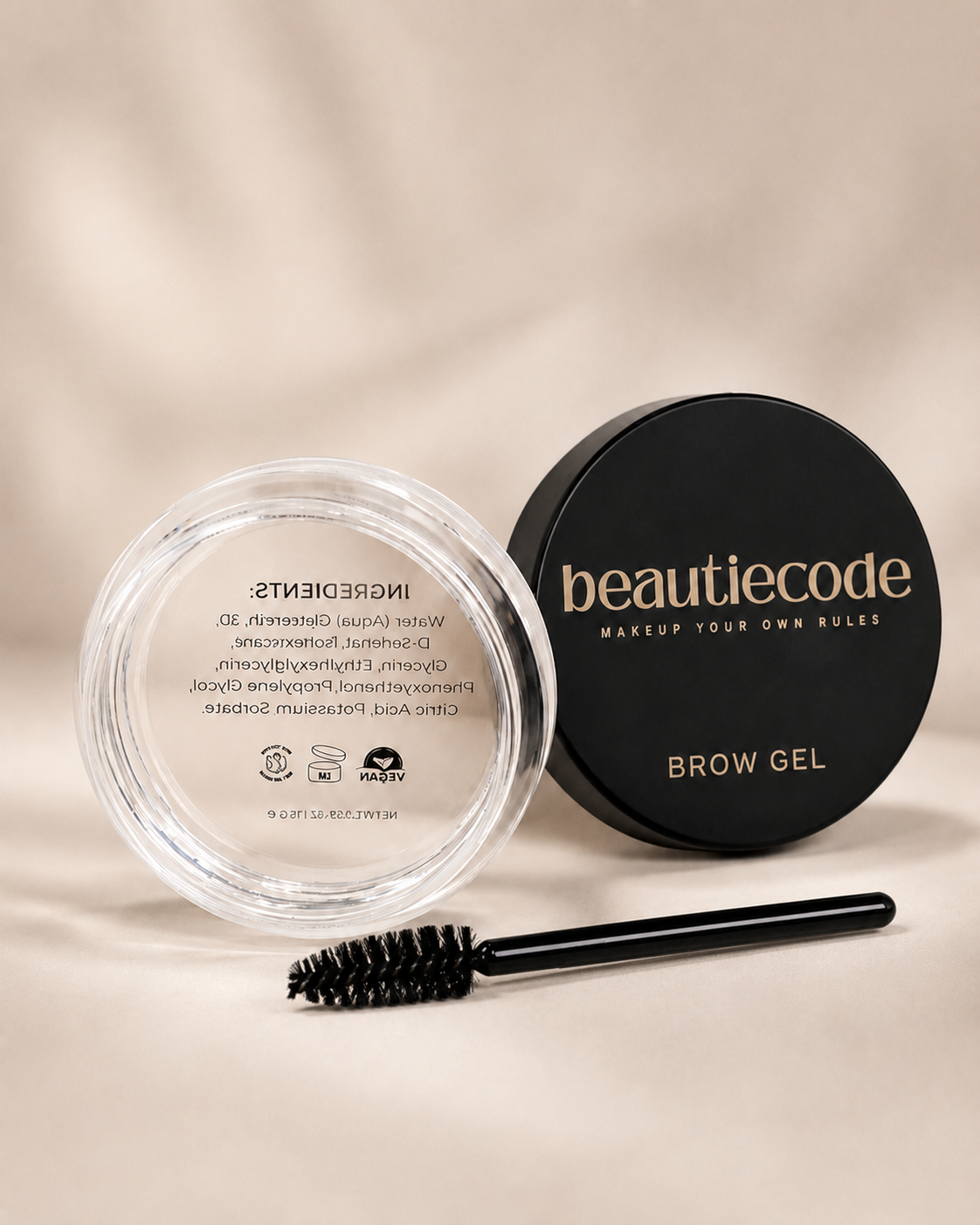 pot of beautiecode brow gel and spoolie