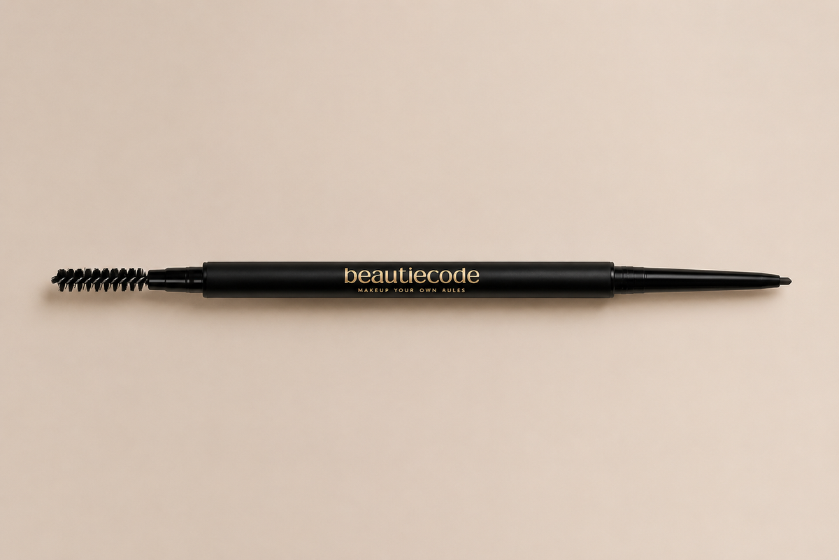 A black dual-ended eyebrow pencil with a spoolie brush on one end and a fine tip on the other, featuring the brand name 'beautiecode' in gold lettering, set against a solid beige background.