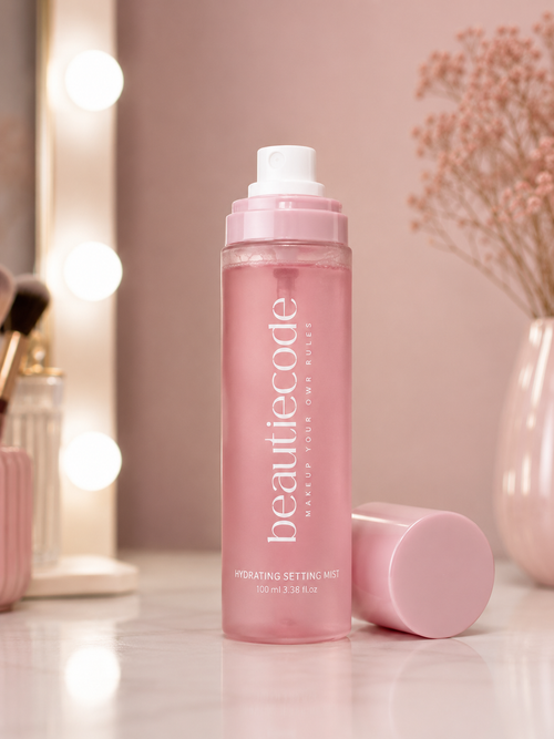 A pink bottle of beautiecode Hydrating Setting Mist with its cap off, standing on a reflective surface against a soft pink background with vanity lights and dried flowers.