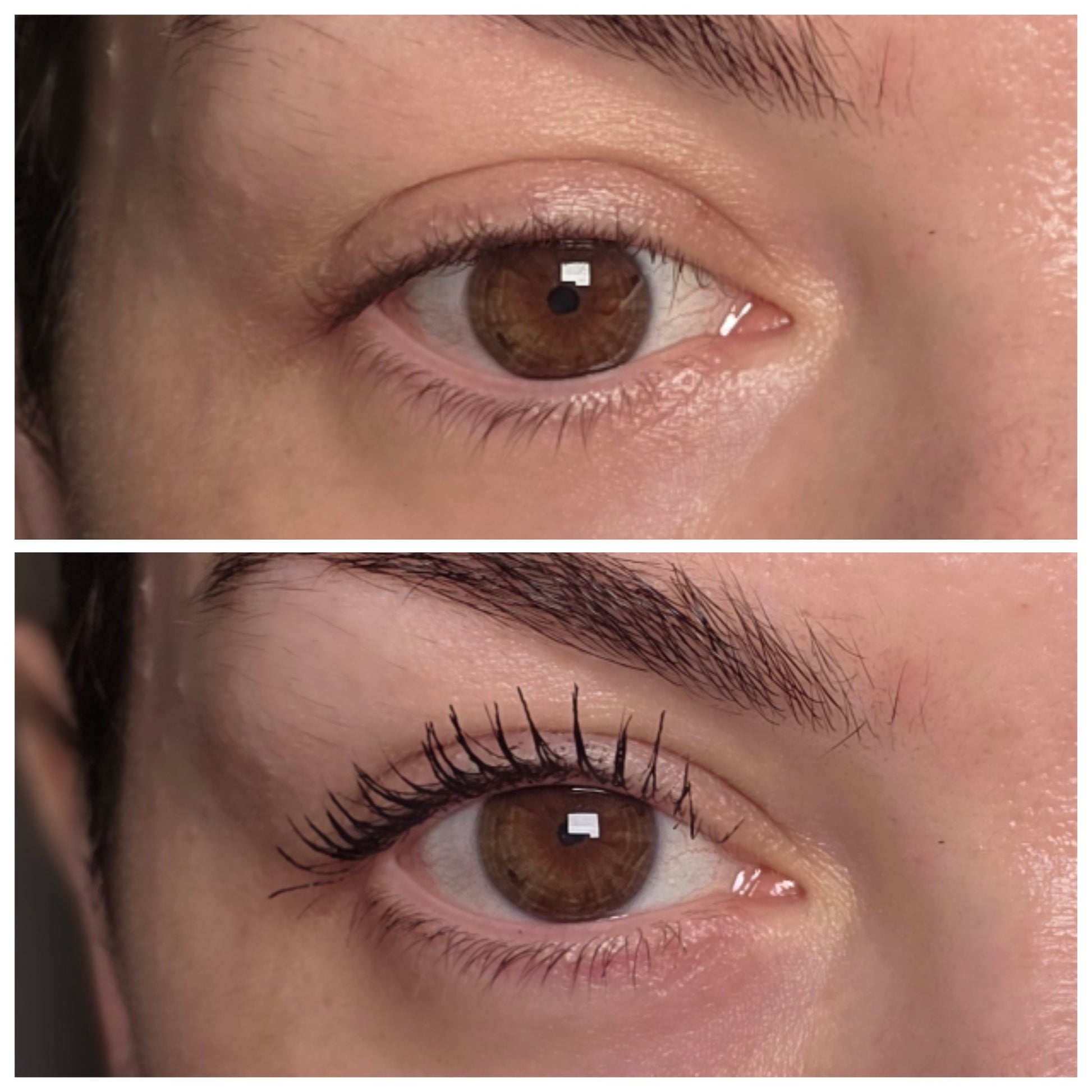 Close-up of a brown eye before and after mascara application