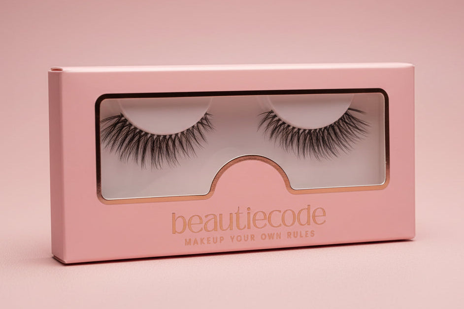 A pink rectangular box of false eyelashes with a clear window showing the lashes inside. The box has gold lettering that reads 'beautiecode' and 'MAKEUP GOURD EYE ROLLS' on a soft pink background.