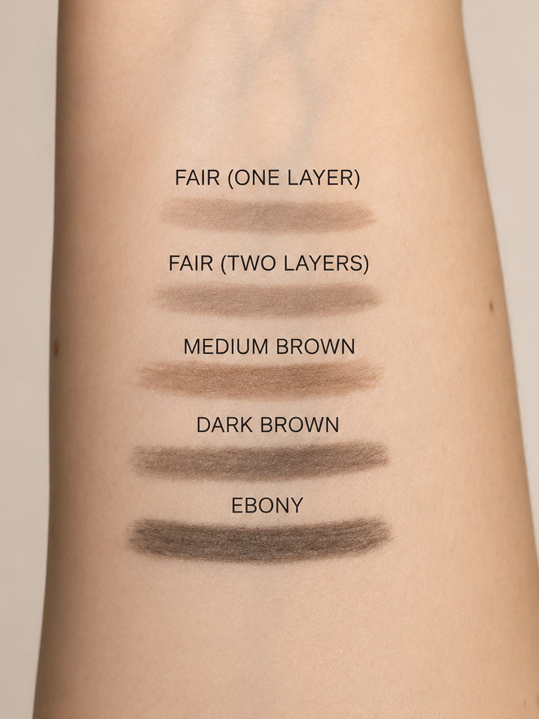 A close-up of a forearm showing five makeup swatches labeled 'FAIR (ONE LAYER)', 'FAIR (TWO LAYERS)', 'MEDIUM BROWN', 'DARK BROWN', and 'EBONY' on light skin against a plain beige background.